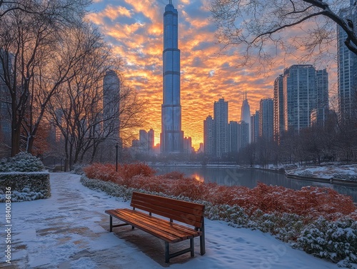 A snowy Chicago park at dawn, with the Trump Tower in the background. Perfect for travel blogs or winter cityscape marketing designs.