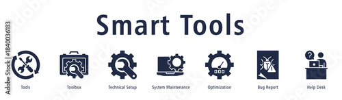 Smart Tools banner with icons of Tools, Toolbox, Technical Setup, System Maintenance, Optimization, Bug Report and Help Desk.