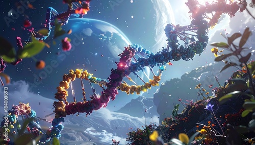 Colorful DNA strand against otherworldly landscape, planet visible in distance