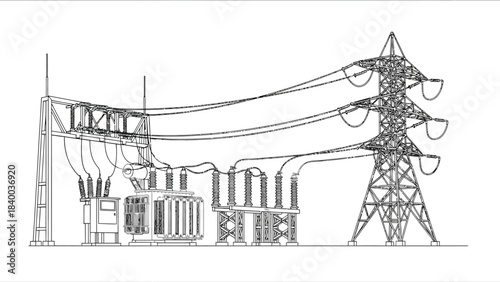 Detailed illustration of electrical power transmission towers and substation equipment