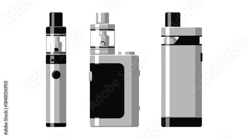 Three silver and black vaping devices displayed in a product presentation style