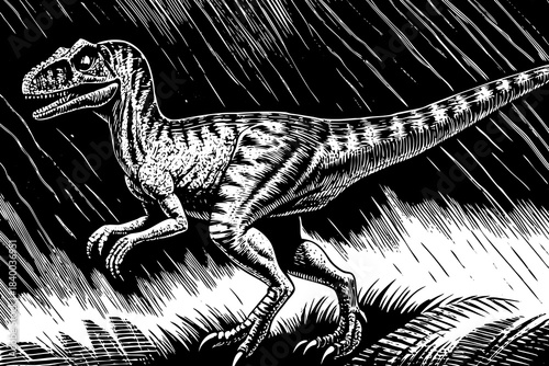 velociraptor drawn in energetic pencil strokes, emphasizing agility, sharp claws, and predatory prehistoric movement