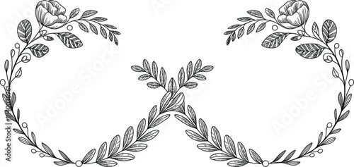 Decorative double floral wreath outline element with leaves and flowers, rustic hand-drawn botanical frame for wedding invitation vector