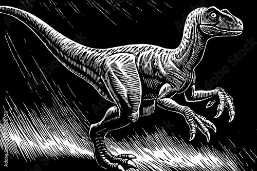 velociraptor drawn in energetic pencil strokes, emphasizing agility, sharp claws, and predatory prehistoric movement