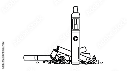 A simple black and white illustration of a vape pen and broken cigarettes