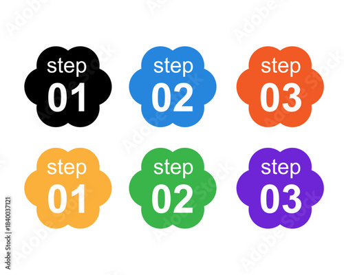 手順説明やインフォグラフィックに使える、花形デザインのカラフルな「step 01・02・03」番号アイコンセット。説明資料やUIに最適なベクター素材。