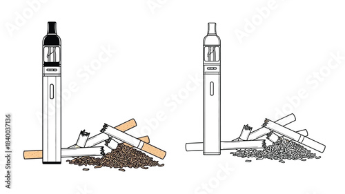 Vaping devices contrasted with traditional cigarettes and tobacco remnants depicted