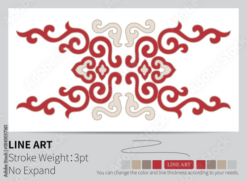 A vibrant red and cream ornate classical flourish pattern forms a beautiful decorative border element.