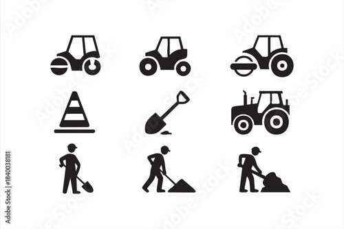 Roadwork and construction vector icons with tractors, tools and worker silhouettes