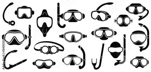 Black Swimming Mask Vector Icon Set Featuring Underwater Goggles and Snorkeling Glasses in Clean Minimal Illustration Style on a White Background
