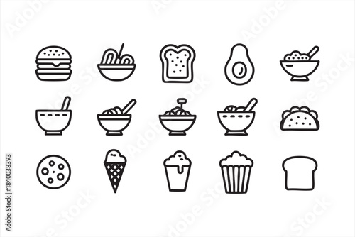 Line art food icons with bowls, noodles, desserts and snacks for menu UI design