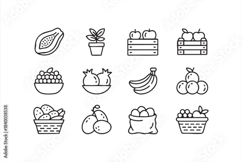 Line art fruit icons with bowls, crates and baskets for market and nutrition graphics