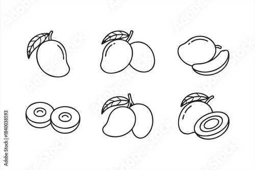 Line art mango fruit icons with whole, sliced and leafy tropical variations