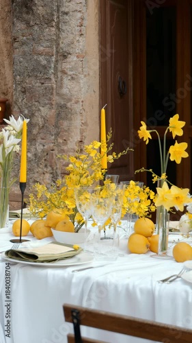 Elegant long table decorated with yellow flowers and lemons for a rustic chic outdoor event. Action
