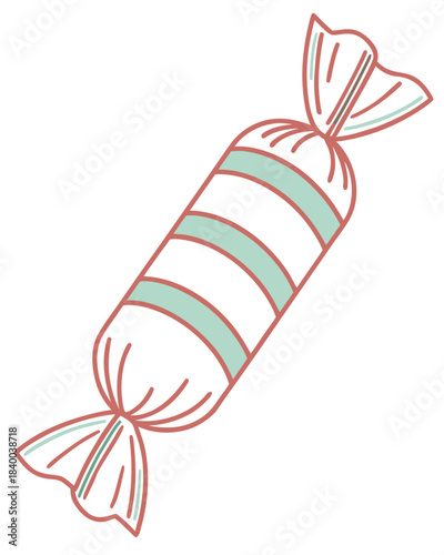 minimal wrapped candy, cylindrical shape with twisted ends, soft red or mint pastel tones, clean outline, festive treat icon, isolated on white, vector flat illustration
