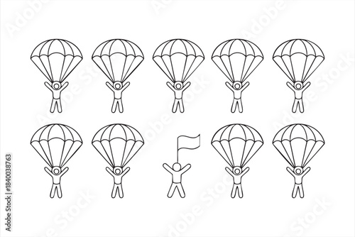 Skydiver parachute line icons with landing poses for aviation and training graphics