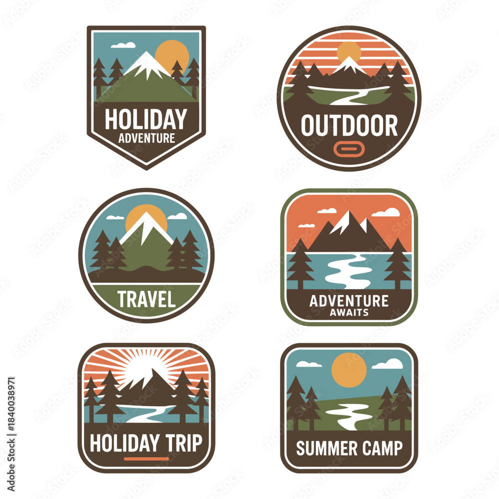Naklejka premium Collection of six outdoor themed badges featuring mountains trees and text labels