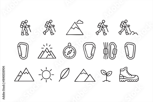 Outdoor trek vector set featuring hikers, peaks, compass symbols and carabiners