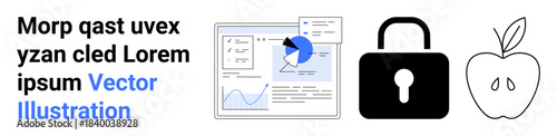 Business analysis, cybersecurity, data protection, online privacy, nutrition, and healthy choices. Chart and pie graph, padlock and apple icon. Business analysis and cybersecurity visualization