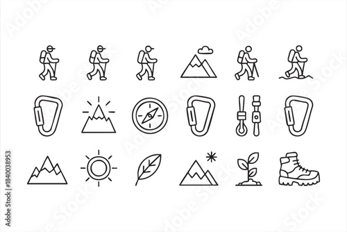 Minimalist wilderness icons with mountains, boots and trail elements for travel design