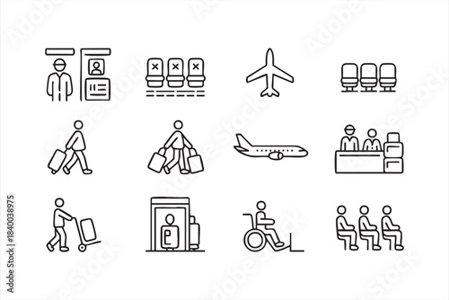 Passenger and luggage line illustrations for airline platforms and terminal graphics