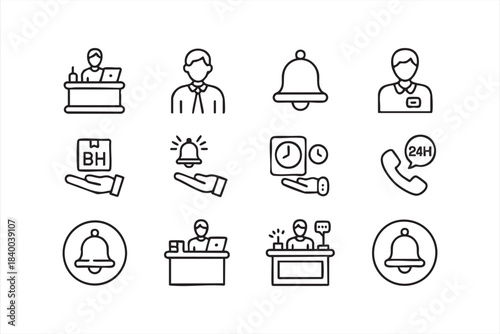 Concierge and reception icon pack with bells, clocks, support calls and guest handling