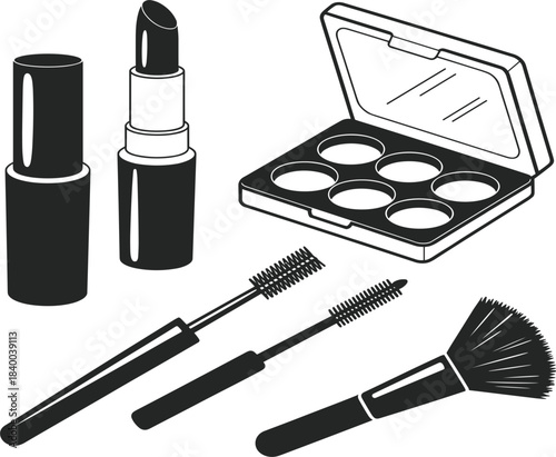 Set of cosmetic and makeup product outlines including lipstick, mascara, eyeshadow palette, and brush, beauty and fashion line art illustration collection