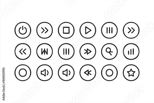 Media interface line icons with play, pause, audio and navigation controls