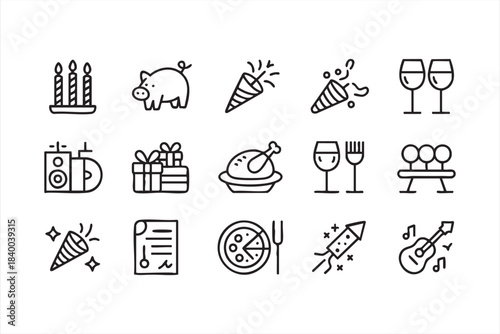 Event planning icon set with festive elements for holidays and gatherings