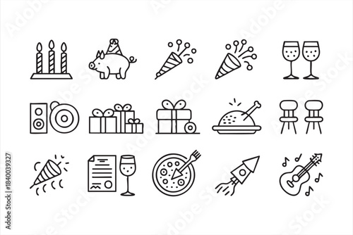 Party vector symbols featuring drinks, music, fireworks and dinner items