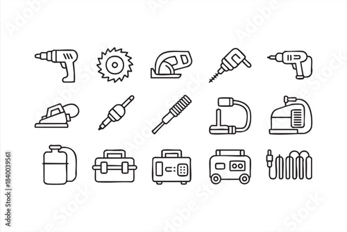 Industrial tool icons with clean line drawings of drills, cutters and generators