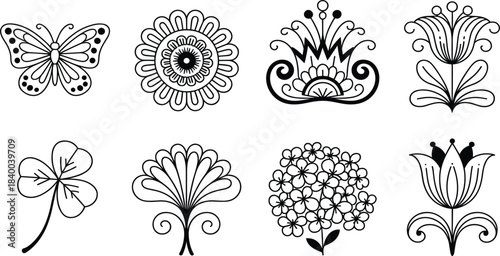 Set of eight hand-drawn butterfly, four-leaf clover, and stylized flower outlines, botanical and nature element doodle collection, black and white vector