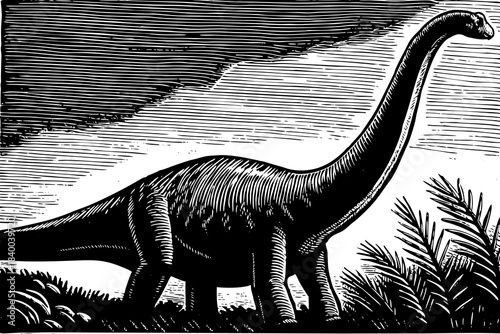 brachiosaurus sketched with long extended neck towering over minimal ground plants, creating a peaceful prehistoric silhouette