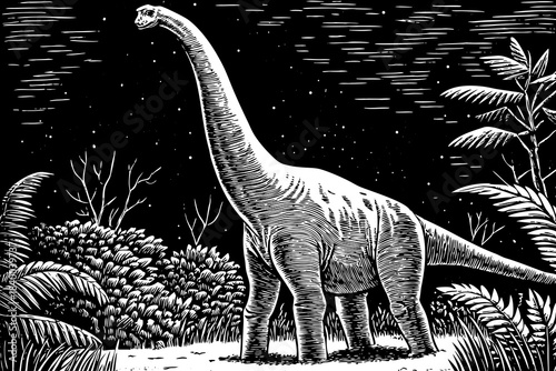 brachiosaurus sketched with long extended neck towering over minimal ground plants, creating a peaceful prehistoric silhouette
