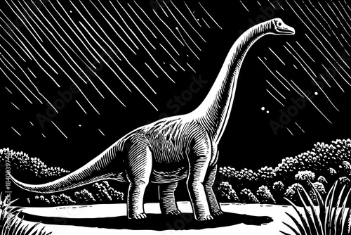 brachiosaurus sketched with long extended neck towering over minimal ground plants, creating a peaceful prehistoric silhouette