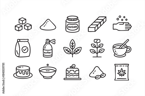 Sweetener and sugar line icons with natural leaf extracts, cubes and powdered blends