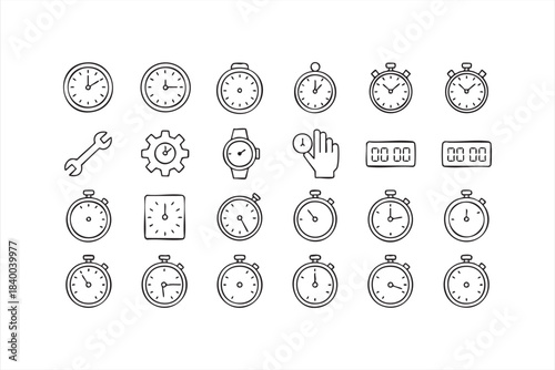 Line-style time management symbols for scheduling apps and productivity dashboards
