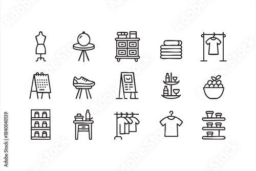 Retail merchandising icons with apparel racks, shelving units and product stands