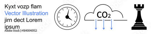 Time management, environmental impact, strategy, carbon footprint, decision-making, climate change. Clock, CO2 cloud with arrows chess rook symbol. Time and environmental impact concept