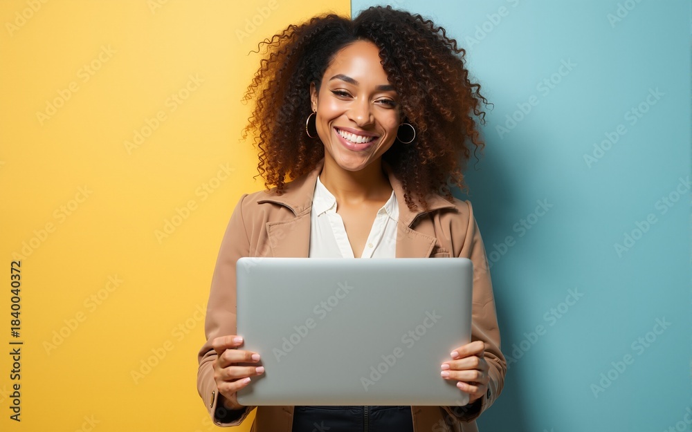 Naklejka premium Composite photo collage of happy businesswoman hold laptop message correspondence money income freelance isolated on painted background. High quality
