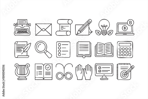 Editorial workflow icons including typing, drafting, reviewing and note-taking