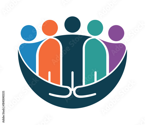 Illustration of five stylized figures in different colors held by two hands below