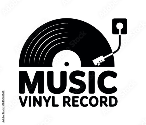 Illustration of a black and white vinyl record with a needle and music text below