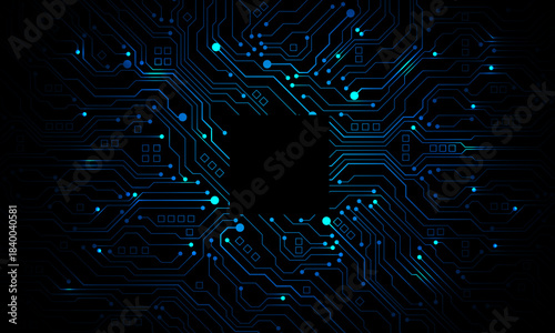 Abstract blue circuit board technology connected lines electronics elements computer motherboard chip processor semiconductor digital on black background vector