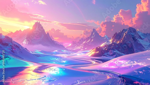 Dreamy, snow-covered mountains bathed in vibrant pink, purple, and blue hues reflecting in a winding icy river