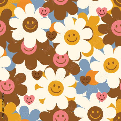 Smiley daisy hugs seamless pattern. Retro happy flower vector flat design with cute faces and embracing petals for 70s hippie floral background and positive vibes.