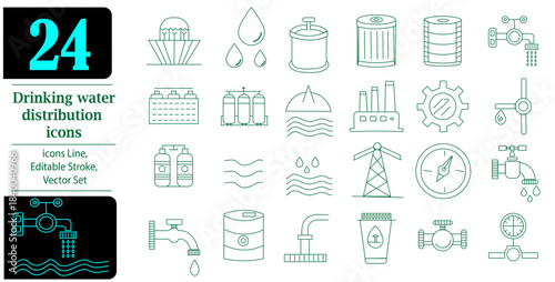 Drinking Water Distribution System Icons Set, 24 Clean Water Supply Vector Elements