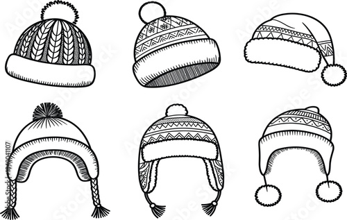 Set of six black and white outline winter hats, pom-pom, knitted, and trapper hats with patterns, cold weather clothing coloring page vector