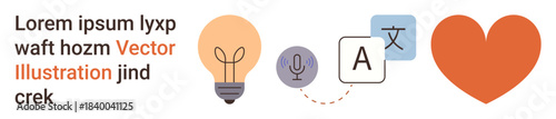 Language learning, translation, creativity, communication tools, education, global culture. Light bulb, microphone text box and heart symbols with decorative text. Language learning and translation