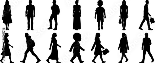  Diverse Human Silhouettes of Men, Women, and Children in Standing and Walking Poses.